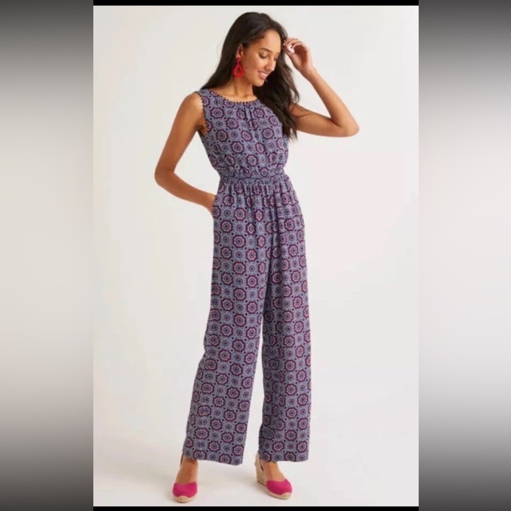 BODEN Elisa Pompom Trim Jumpsuit sleeveless culotte-style Bold Blue Tile Sz 14 R